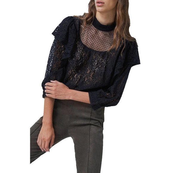 FRENCH CONNECTION Inna Lace Mix Blouse in Black NWT - Size XS - Picture 1 of 2